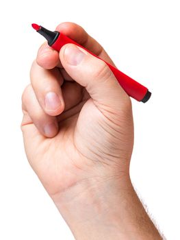 Male hand holding red marker, isolated on white background.