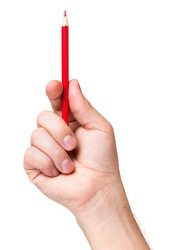 Male hand holding red pencil, isolated on white background.