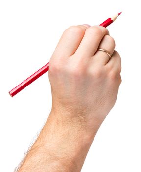 Male hand holding red pencil, isolated on white background.