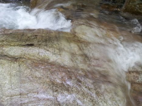 Blurred or unfocused view of flowing water stream in between stones. Flowing water background for texture and advertisements