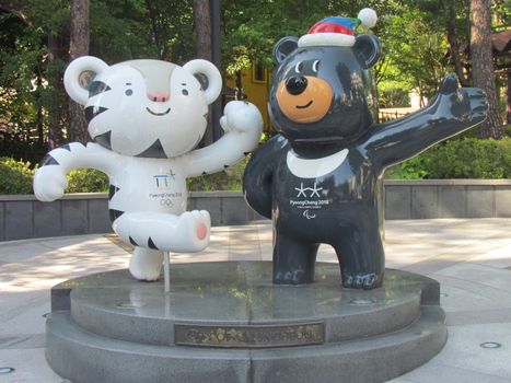 Soohorang and Bandabi, the mascots of the PyeongChang 2018 Olympic and paralympic winter games placed in a public park