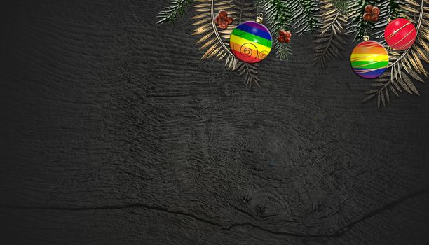 Christmas LGBT gay flag balls on black wooden background with fir branches, copy space, flat lay. Christmas New Year design for LGBT community. 3D rendering