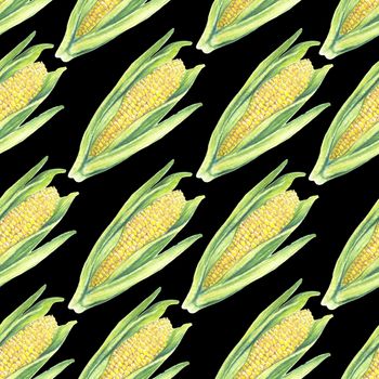 Seamless Pattern of corn cobs with leaves on black background. Eco vegetables plants. Shop design, healthy lifestyle, packaging, textile. Hand drawn watercolour illustration. Botanical realistic art.