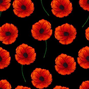 Beautiful red poppies isolated on black background. Bright Floral seamless Pattern. Summer backdrop. Can be used for textile,wallpaper,print,web design, fabric, wrapping paper. Hand-drawn illustration