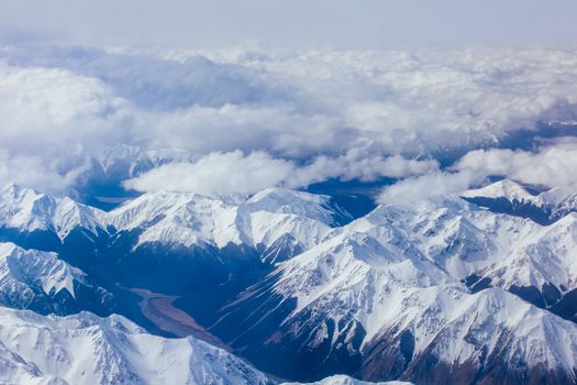 The view over the Great Southern Alps on a sunny spring day in South Island, New Zealand
