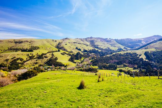 The beautiful landscape of Banks Peninsula near Akaroa in Canterbury region of New Zealand