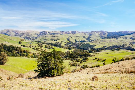 The beautiful landscape of Banks Peninsula near Akaroa in Canterbury region of New Zealand