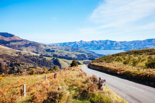 The beautiful landscape of Banks Peninsula near Akaroa in Canterbury region of New Zealand