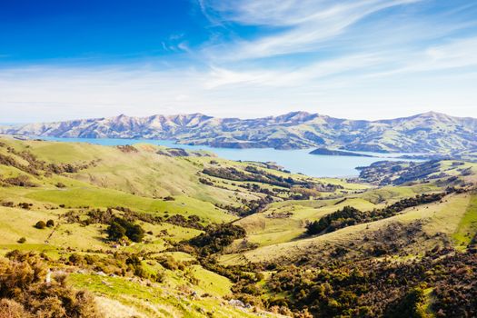 The beautiful landscape of Banks Peninsula near Akaroa in Canterbury region of New Zealand