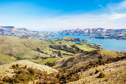 The beautiful landscape of Banks Peninsula near Akaroa in Canterbury region of New Zealand