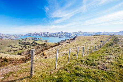 The beautiful landscape of Banks Peninsula near Akaroa in Canterbury region of New Zealand