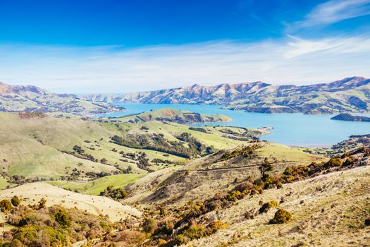 The beautiful landscape of Banks Peninsula near Akaroa in Canterbury region of New Zealand