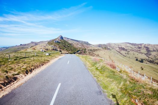 The beautiful landscape of Banks Peninsula near Akaroa in Canterbury region of New Zealand