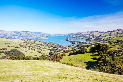 The beautiful landscape of Banks Peninsula near Akaroa in Canterbury region of New Zealand