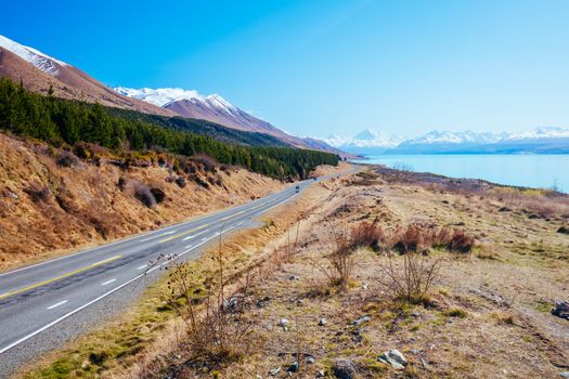 State Highway 80 near Mt Cook Village at Peter's Lookout next to Lake Pukaki on a clear sunny spring afternoon in New Zealand