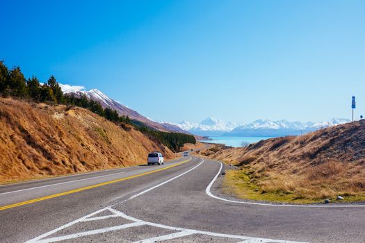 State Highway 80 near Mt Cook Village at Peter's Lookout next to Lake Pukaki on a clear sunny spring afternoon in New Zealand