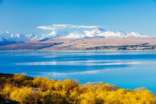State Highway 80 near Mt Cook Village at Peter's Lookout next to Lake Pukaki on a clear sunny spring afternoon in New Zealand
