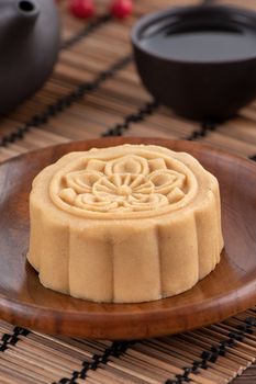 Colorful beautiful moon cake, mung bean cake, Champion Scholar Pastry cake for Mid-Autumn festival traditional gourmet dessert snack, close up.