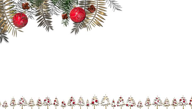 Christmas background on white. Christmas fir, red balls decoration. Copy space. Flat lay. 3D render.