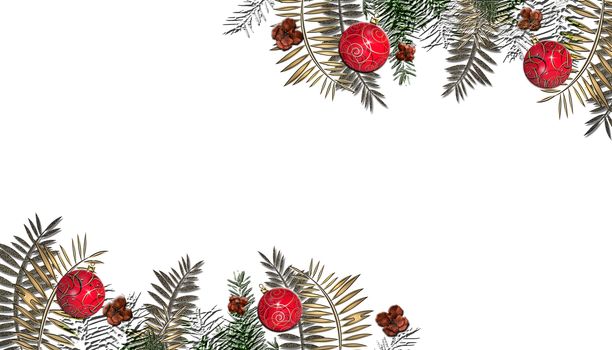 Christmas white background with red gold decoration. Merry Christmas and Happy Holidays white greeting card. Flat lay, top view. Place for text. 3D illustration