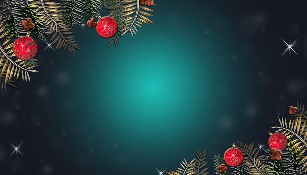 Christmas 2021 New Year dark background, Xmas dark board framed with realistic season Christmas decorations, space for a text, top view, flat lay, copy space. 3D render