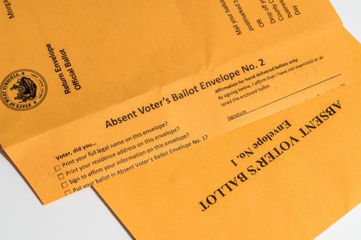 Two envelopes used in West Virginia for absentee or mail-in voting in Presidential election