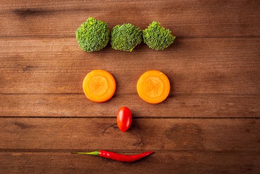 Close up above top view of the happy fresh organic vegetable and fruit face smiling on a wooden table background, Healthy lifestyle diet food concept