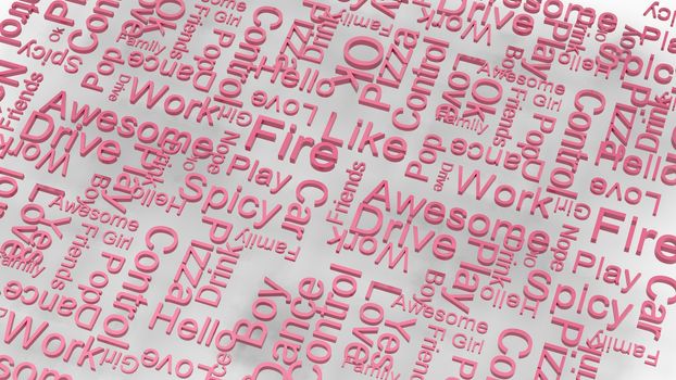wallpaper pink text random words on a light gray background. rain of letters dictionary 3d abstract render illustration isolated.