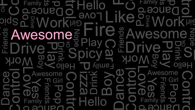 pink awesome words on gray text random words on a dark black background. rain of letters dictionary 3d abstract render illustration isolated.
