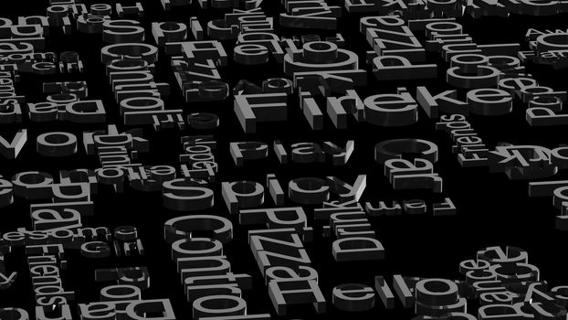 wallpaper gray text random words on a dark black background. rain of letters dictionary 3d abstract render illustration isolated.