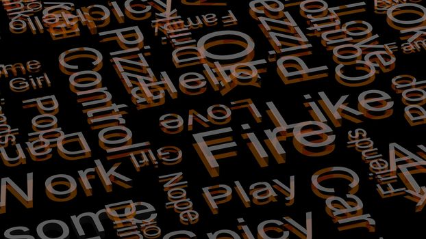wallpaper orange glass text random words on a dark black background. rain of letters dictionary 3d abstract render illustration isolated.