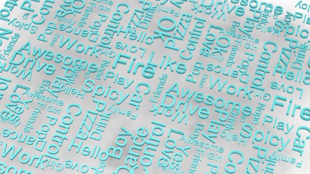 wallpaper azure text random words on a light gray background. rain of letters dictionary 3d abstract render illustration isolated. Great for typography, education, uppercase letters on white