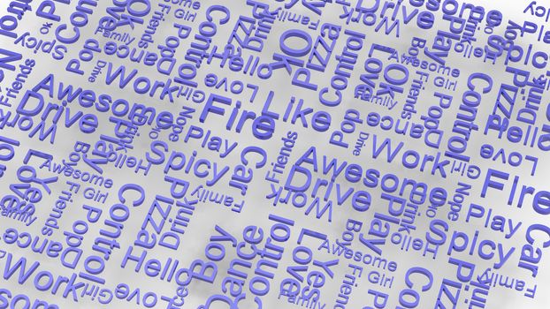 wallpaper blue text random words on a light gray background. rain of letters dictionary 3d abstract render illustration isolated. Great for typography, education, uppercase letters on white