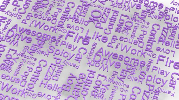 wallpaper violet text random words on a light gray background. rain of letters dictionary 3d abstract render illustration isolated. Great for typography, education, uppercase letters on white