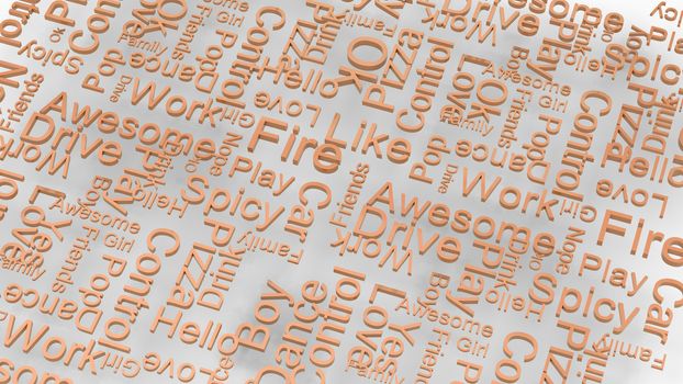 wallpaper orange text random words on a light gray background. rain of letters dictionary 3d abstract render illustration isolated. Great for typography, education, uppercase letters on white