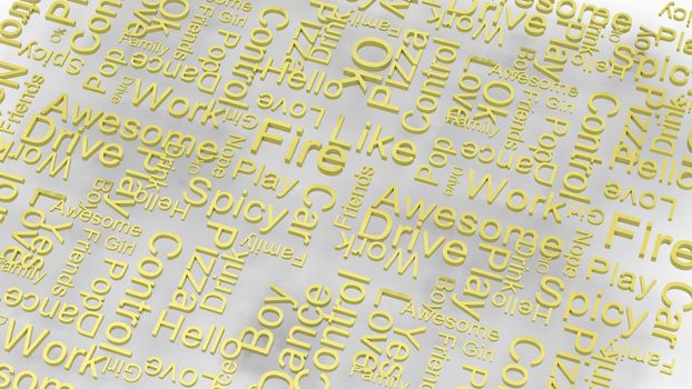 wallpaper yellow text random words on a light gray background. rain of letters dictionary 3d abstract render illustration isolated. Great for typography, education, uppercase letters on white