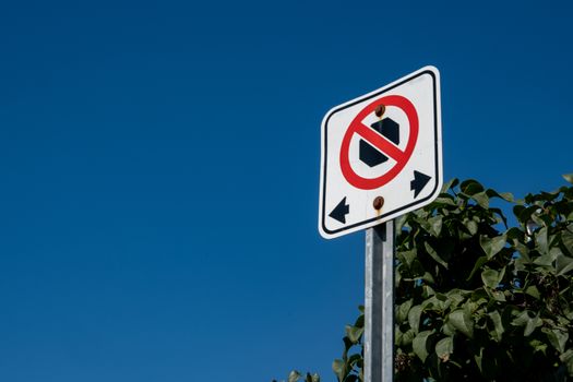 A "no stopping" traffic sign visually informs with a circle-slash symbol that standing in a vehicle is not allowed. Seen from a low angle, it stands before foliage and a solid blue sky background.