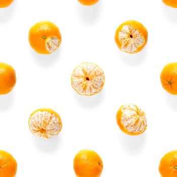 Fresh mandarin Seamles pattern. Ripe fruit tangerines seamless pattern. Fresh citrus isolated on white background pattern. Flat lay of Clementine. Mandarine modern tropical seamless background.