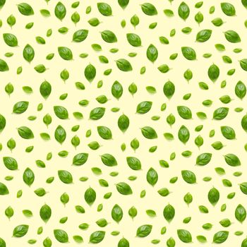 Italian Basil leaf herb seamless pattern on yellow background, Creative seamless pattern made from fresh green basil flat lay layout. Food ingredient seamless pattern.