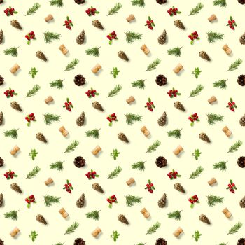 christmas seamless patterns with Pine cones wine cork and lingonberry. pattern christmas seamless on a yellow backdrop. Realistic photo collage. Print for paper, fabric, wallpaper.