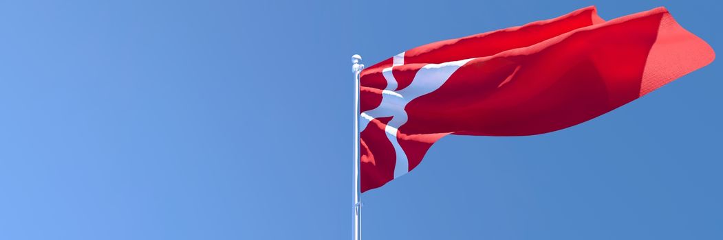 3D rendering of the national flag of Denmark waving in the wind against a blue sky