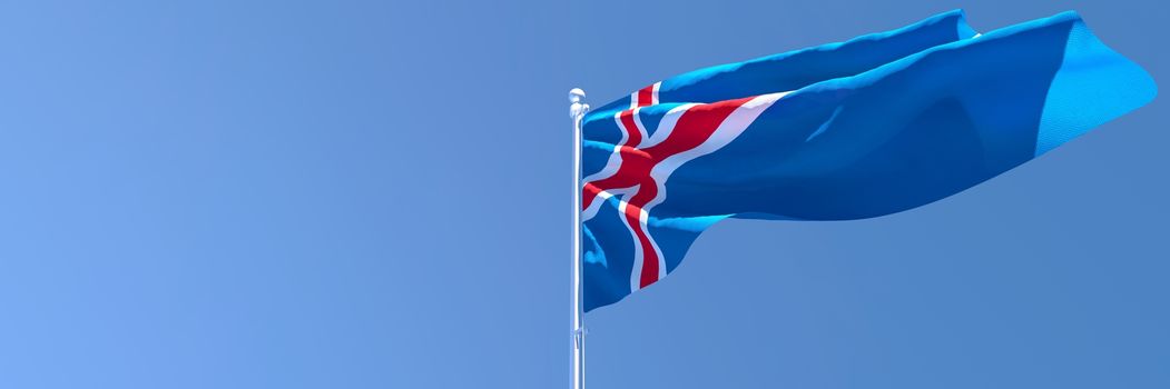 3D rendering of the national flag of Iceland waving in the wind against a blue sky