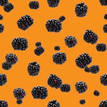 Bramble Seamless pattern. Fresh blackberry seamless pattern. Square pattern with fresh wild berries isolated on orange background. flat lay.