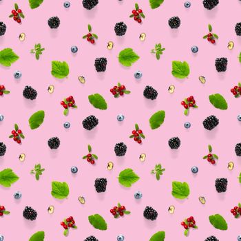 Creative seamless pattern of wild berries, blackberry, blueberry, lingonberry and bramble. modern seamless pattern on pink backgriund made from autumn forest wild berries. Forest berries mix