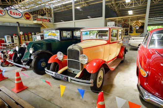 Nakhon Pathom, Thailand - August 27, 2020 : Classic cars in Jesada Technik Museum, Nakhon Pathom, Thailand. A lot of classic cars are collected in this museum and free entrance for tourists.