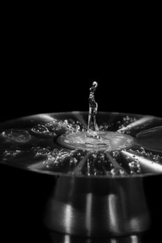 Drops of water splashed onto a cd form the figure of a lady dancing, monotone flash photography