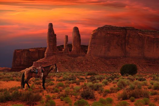 Three Sisters buttes and a horse at dawn in Monument Valley Tribal Park in Utah, USA