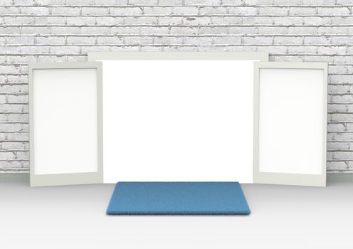Perspective conceptual image of white opened door. Open gates in a brick wall with blue foot wiping mat on the floor. 3D rendering illustration, front view