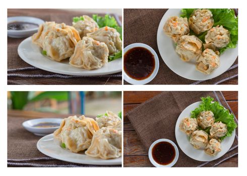 Set of Chinese Steamed Dumpling, Shumai on white dish served with soy sauce on wooden table. Delicious Dim sum pork.