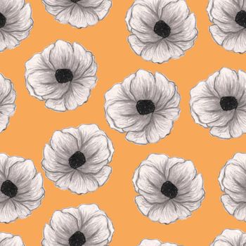 Beautiful poppies isolated on orange background. Floral seamless Pattern. Summer backdrop.Can be used for textile,wallpaper,print,web design, fabric, wrapping paper.Hand drawn illustration. Gray color